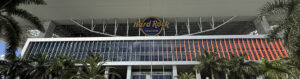 Signage atop an entrance gate at Hard Rock Stadium in Miami Gardens, Florida