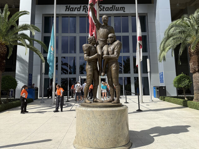 Statue of legendary Dolphins coach Don Shula in front of Hard Rock Stadium in Miami Gardens, Florida