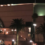 Nighttime panoramic view of the exterior at Honda Center in Anaheim, California