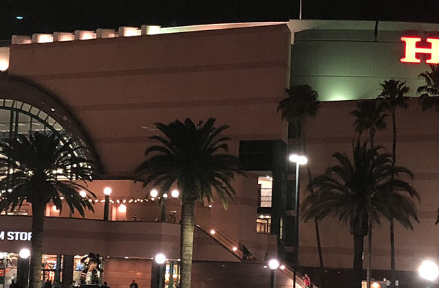 Nighttime panoramic view of the exterior at Honda Center in Anaheim, California