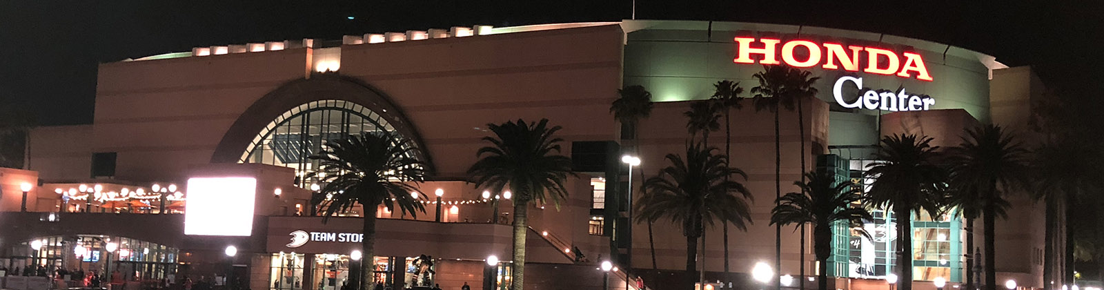 Nighttime panoramic view of the exterior at Honda Center in Anaheim, California