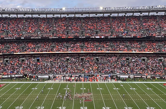 Panoramic view of the seating bowl during a Browns football game at Huntington Bank Field in Cleveland, Ohio