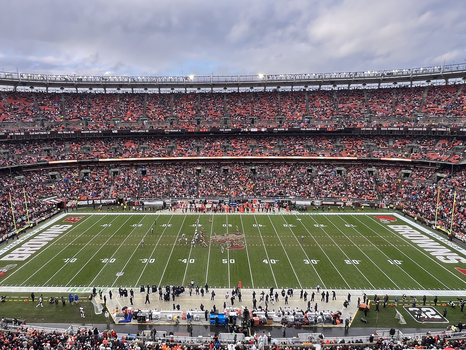 View of the field during a Browns football game at Huntington Bank Field in Cleveland, Ohio