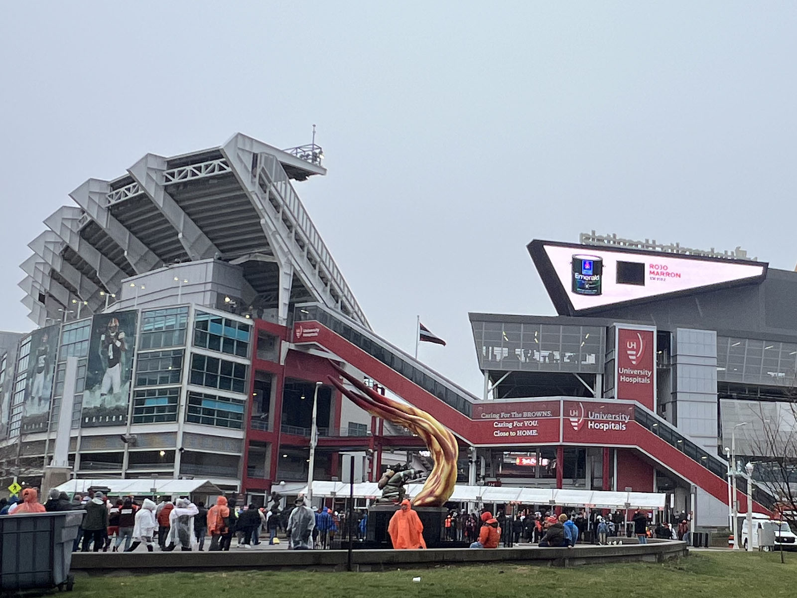 View of an entrance plaza in front of Huntington Bank Field, a football stadium in Cleveland, Ohio