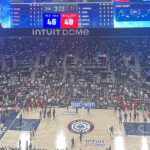 Panoramic view of the court, seating bowl and oculus videoboard at the Intuit Dome in Inglewood, California