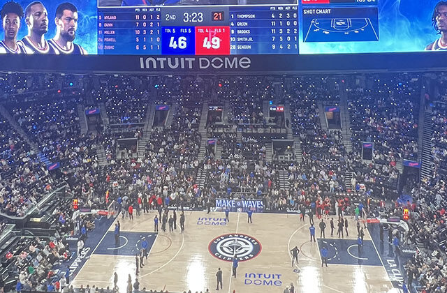 Panoramic view of the court, seating bowl and oculus videoboard at the Intuit Dome in Inglewood, California