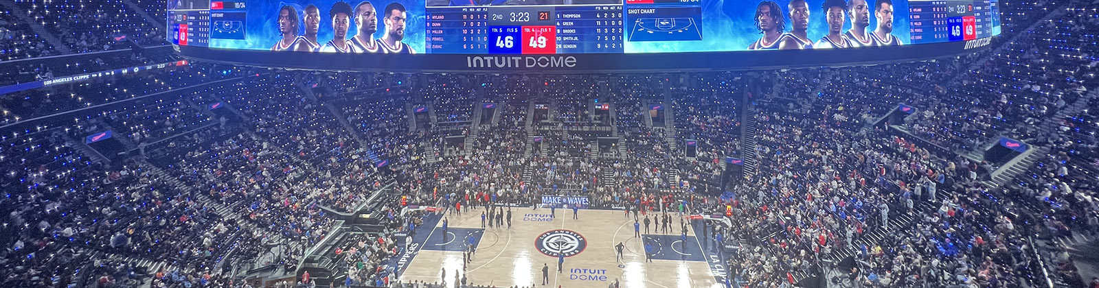 Panoramic view of the court, seating bowl and oculus videoboard at the Intuit Dome in Inglewood, California