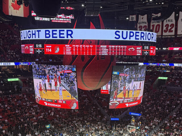 A 3-D Miami Heat logo seen behind the main videoboard at Kaseya Center
