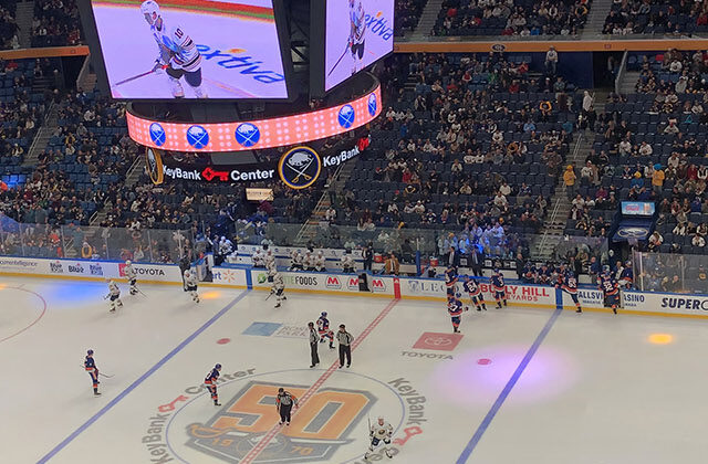 Panoramic view of the rink at KeyBank Center in Buffalo, New York, during a Sabres hockey game