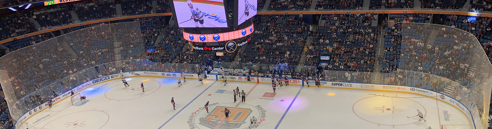 Panoramic view of the rink at KeyBank Center in Buffalo, New York, during a Sabres hockey game