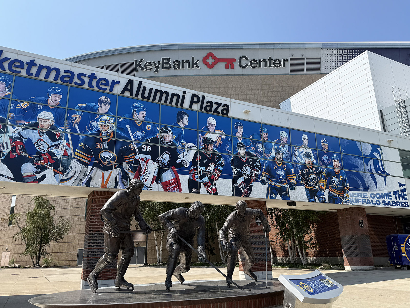 Statues of the Sabres' famed "French Connection" line stand in front of KeyBank Center in Buffalo, New York