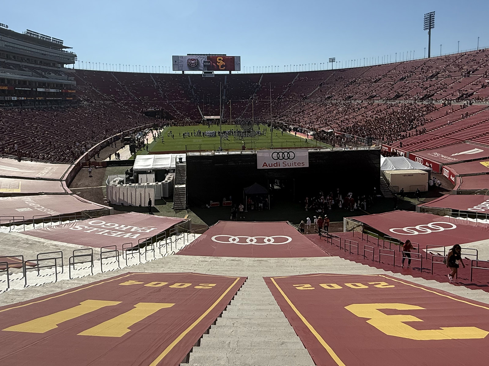 View of the field from the peristyle end of the Los Angeles Memorial Coliseum before a USC Trojans football game