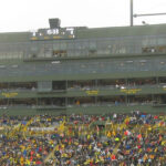 View of the stands and press area at Lambeau Field in Green Bay, Wisconsin