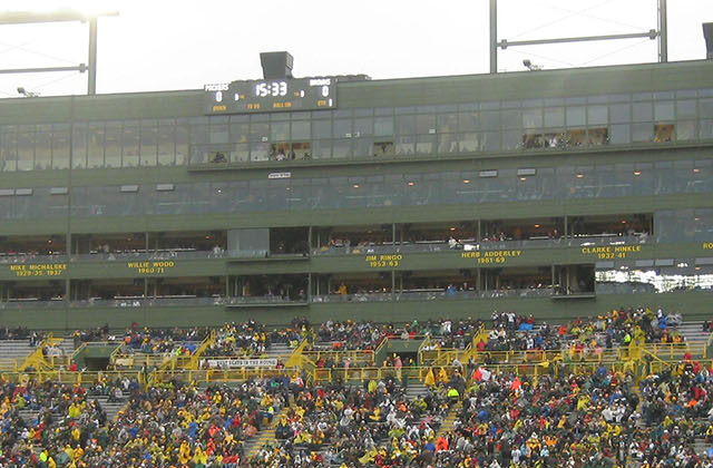 View of the stands and press area at Lambeau Field in Green Bay, Wisconsin