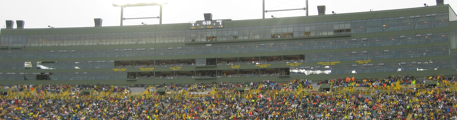 View of the stands and press area at Lambeau Field in Green Bay, Wisconsin