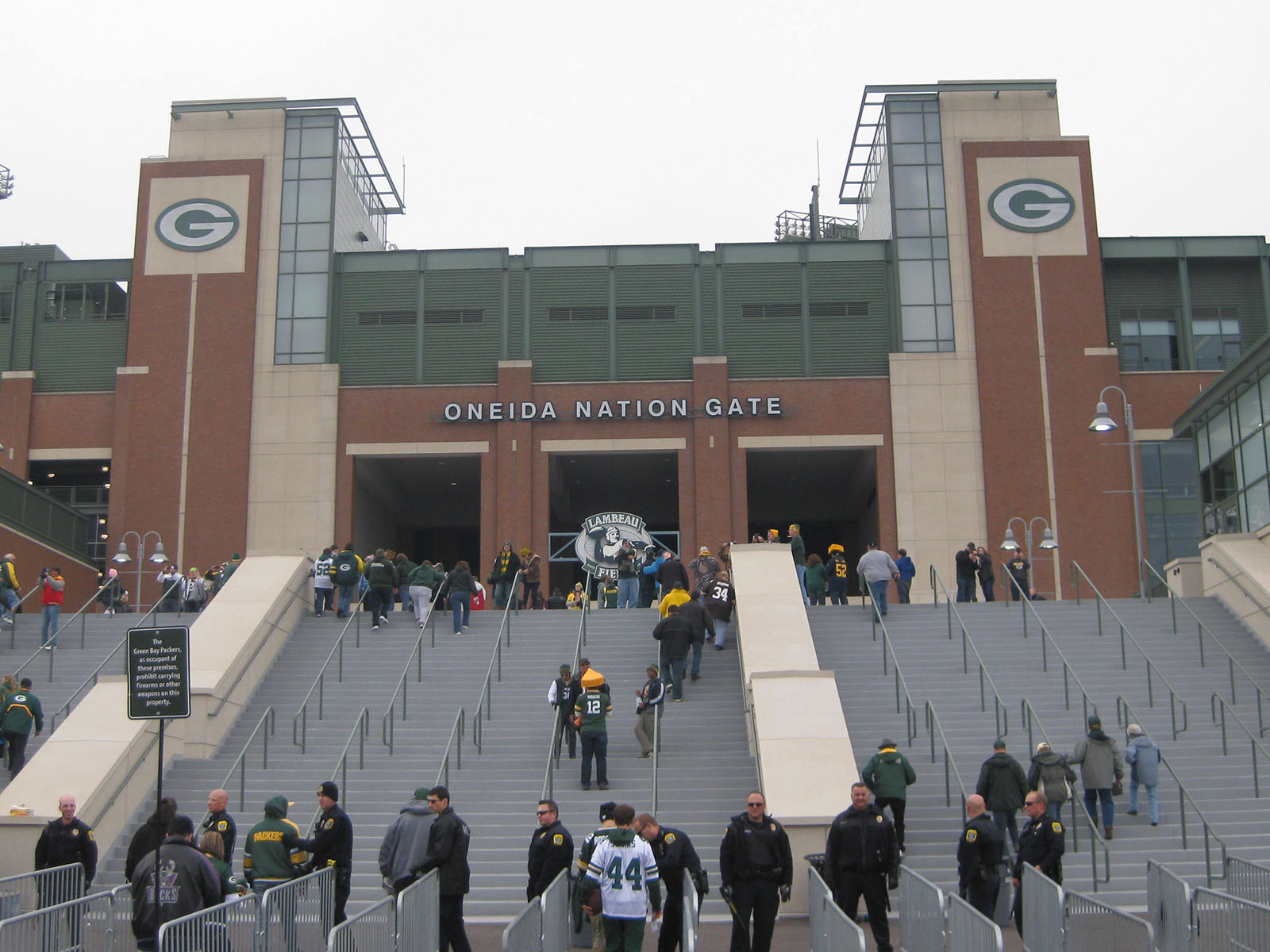 Steps lead to an entrance gate at Lambeau Field, a football stadium in Green Bay, Wisconsin