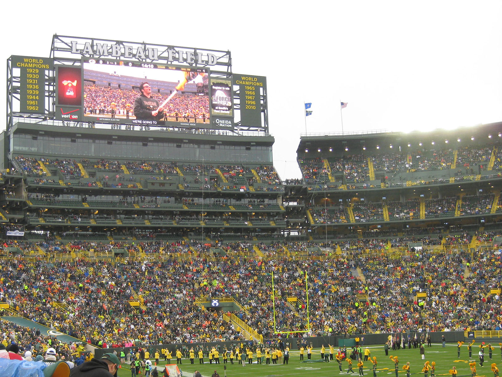 The seating bowl and videoboard over the field at Lambeau Field before a Green Bay Packers game