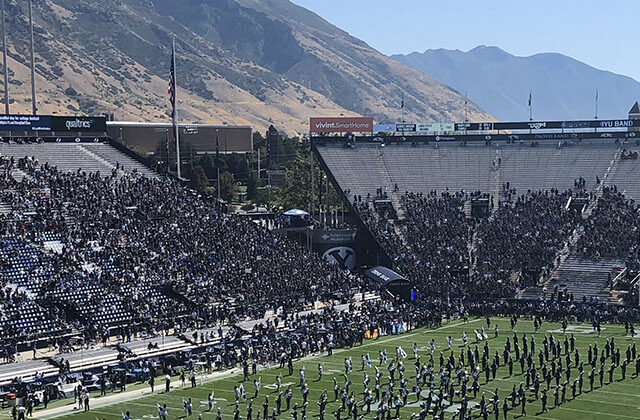 Panoramic view of the field and seating bowl at LaVell Edwards Stadium in Provo, Utah