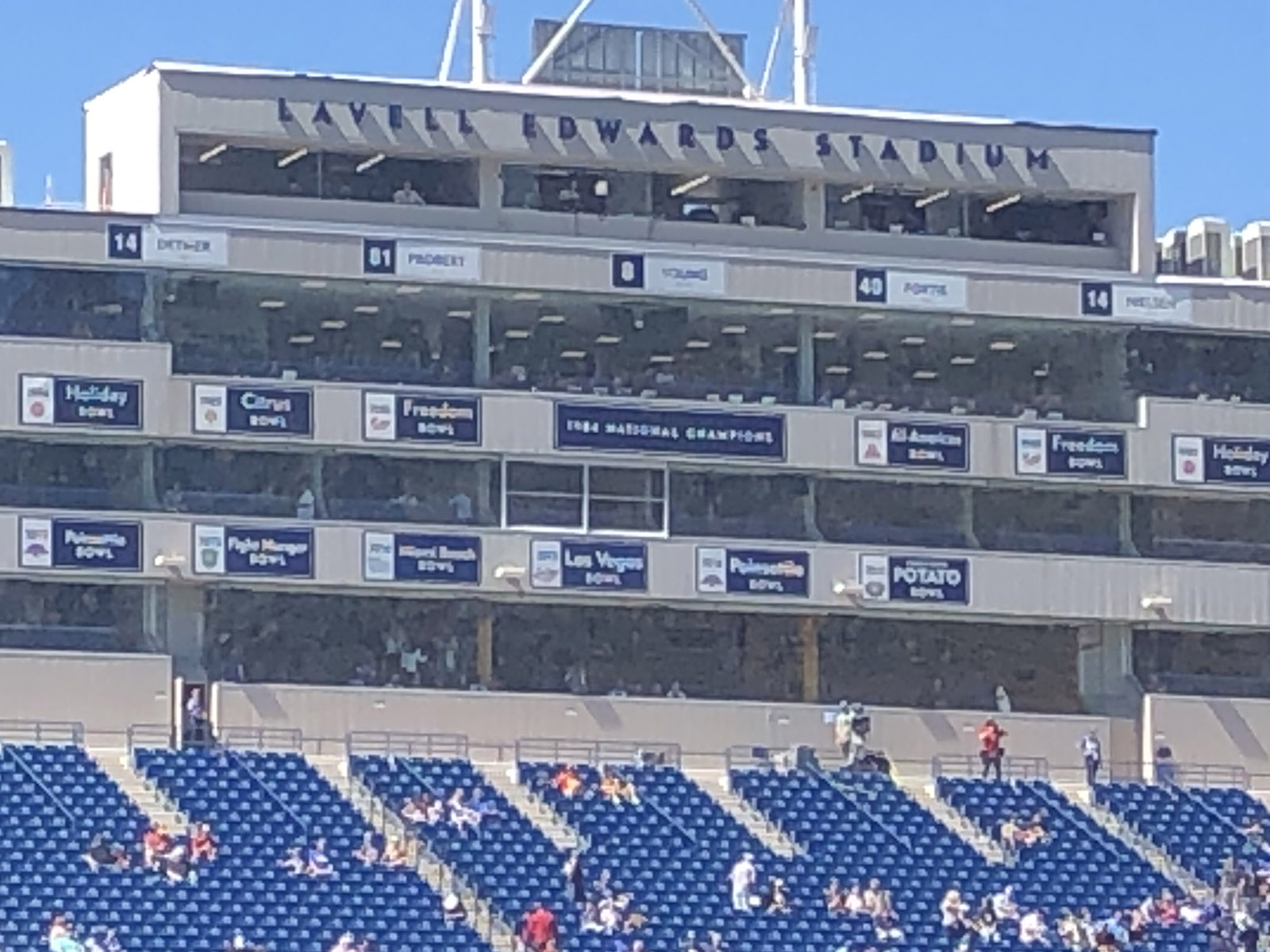 BYU's football accomplishments are displayed on the press box and suites tower at LaVell Edwards Stadium in Provo, Utah