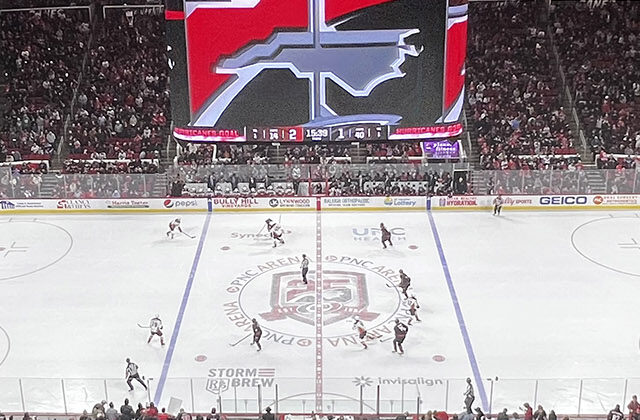 Panoramic view of the rink at Lenovo Center in Raleigh, North Carolina, during a Hurricanes hockey game