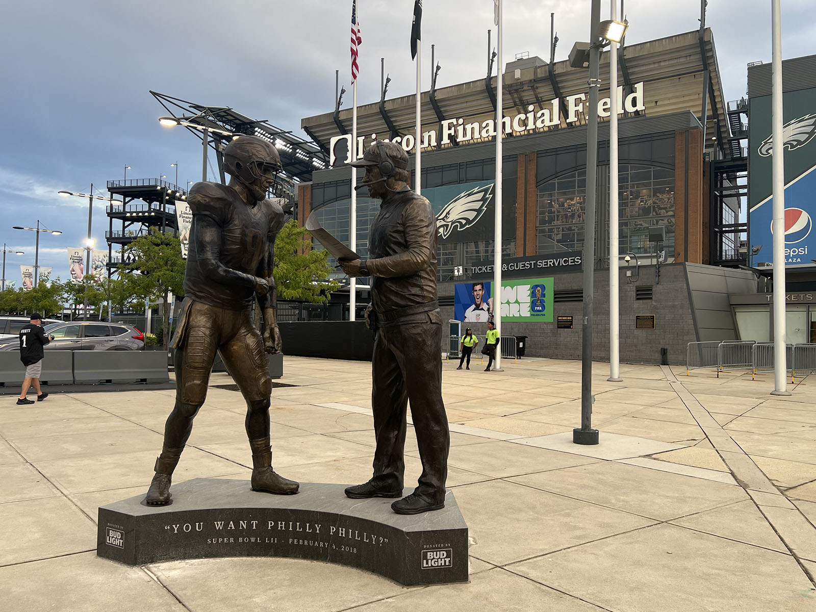 A statue in front of Lincoln Financial Field in Philadelphia, Pennsylvania, depicts former Eagles quarterback Nick Foles and former coach Doug Pederson