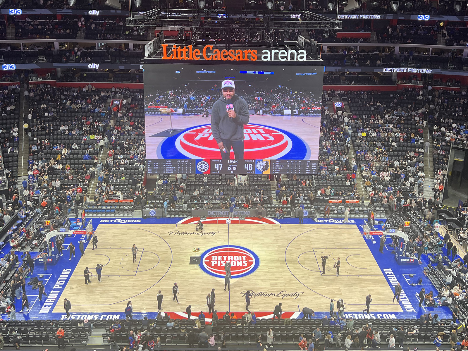View of the court at Little Caesars Arena in Detroit, Michigan, during a Pistons basketball game