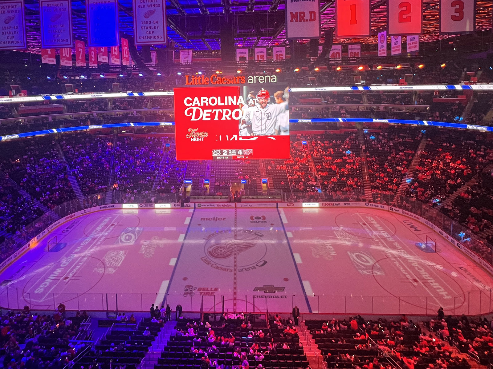 View of the rink at Little Caesars Arena in Detroit, Michigan, during a Red Wings hockey game