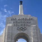 Panoramic view of the historic peristyle at the east end of the Los Angeles Memorial Coliseum