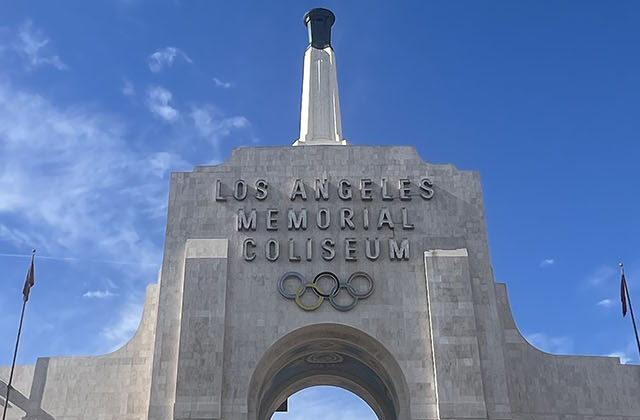 Panoramic view of the historic peristyle at the east end of the Los Angeles Memorial Coliseum