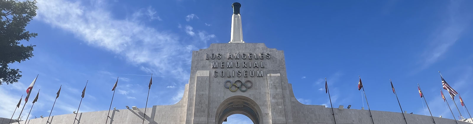 Panoramic view of the historic peristyle at the east end of the Los Angeles Memorial Coliseum
