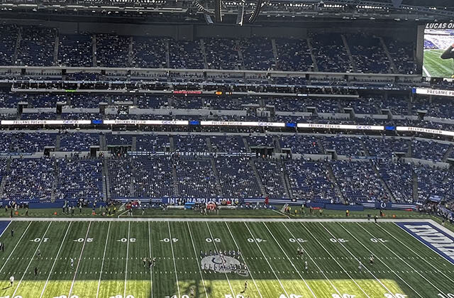 Panoramic view of the seating bowl at Lucas Oil Stadium in Indianapolis, Indiana, during a Colts football game