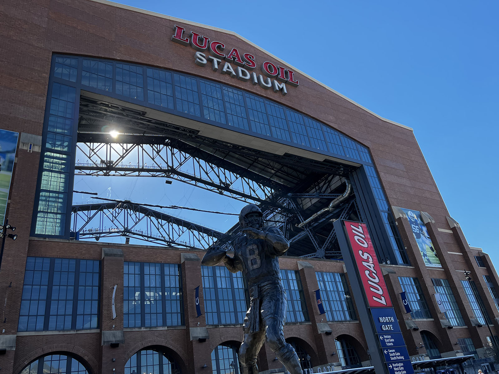 A statue of Colts great Peyton Manning stands in front of Lucas Oil Stadium in Indianapolis, Indiana