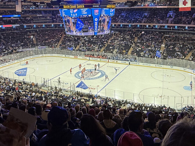View of the rink during a New York Rangers game at Madison Square Garden