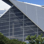 Exterior view from afar of Mercedes-Benz Stadium in Atlanta, Georgia