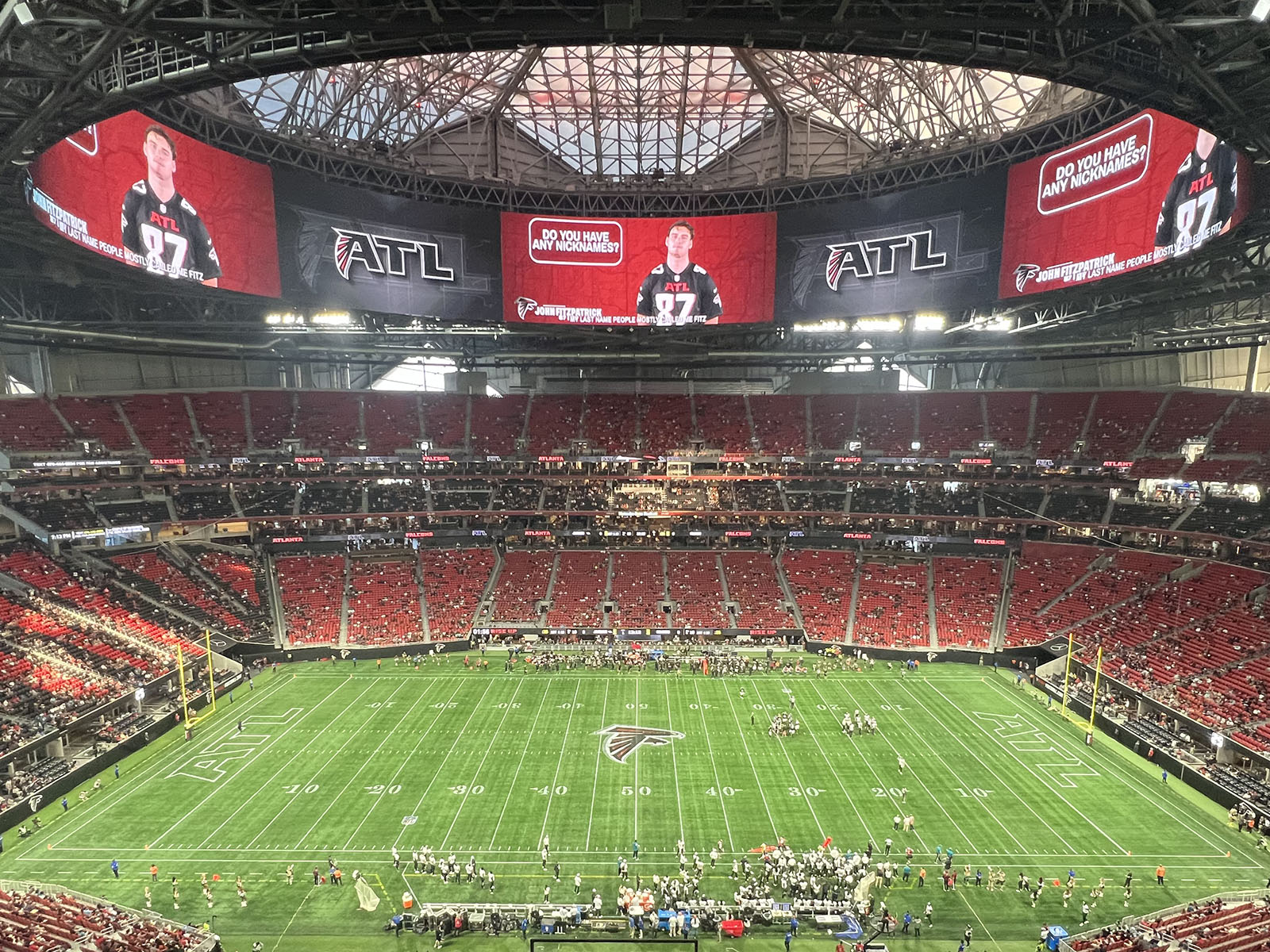 View of the field at Mercedes-Benz Stadium in Atlanta, Georgia, during a Falcons football game