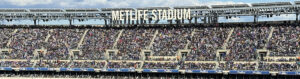 Signage displayed atop the upper façade at MetLife Stadium in East Rutherford, New Jersey