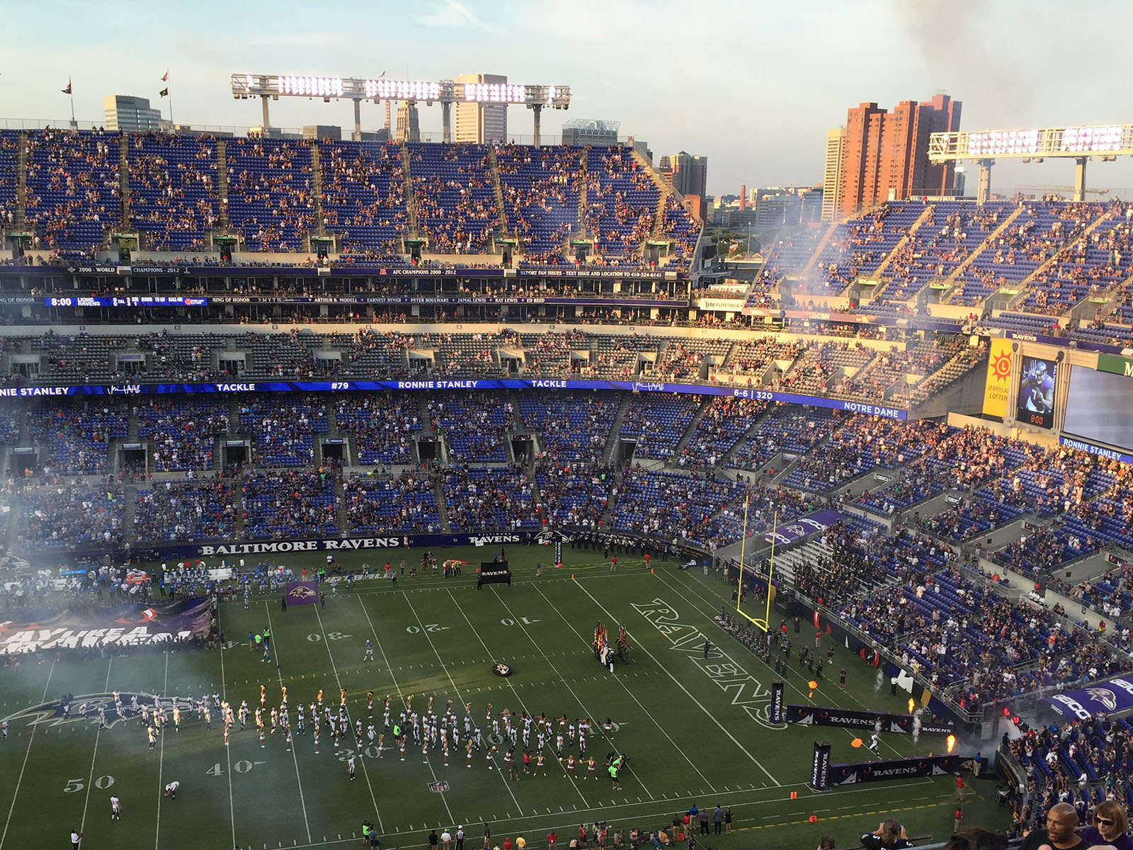 Ravens football players are introduced before a game at M&T Bank Stadium in Baltimore, Maryland