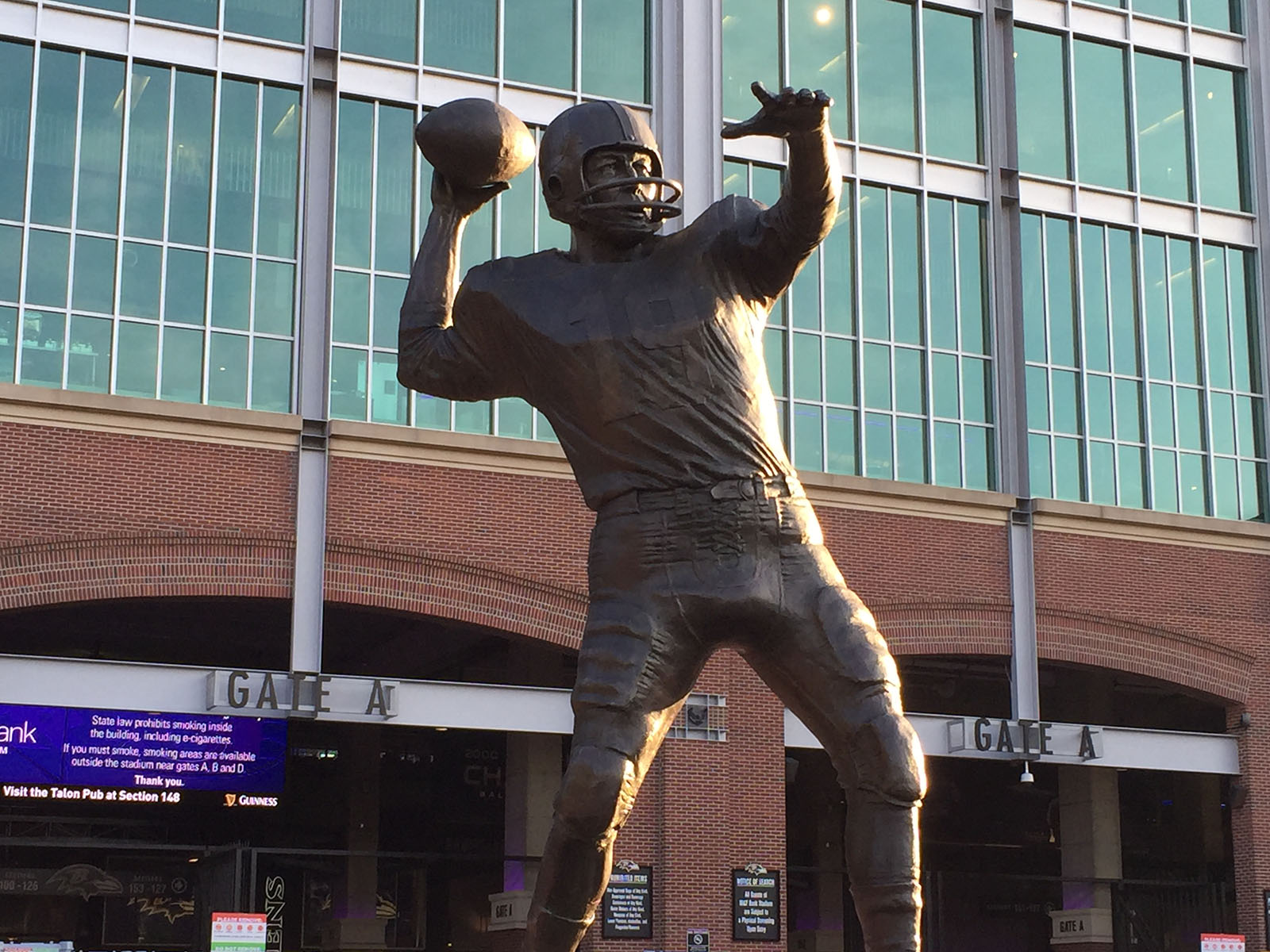 A statue of football great Johnny Unitas stands outside M&T Bank Stadium in Baltimore, Maryland