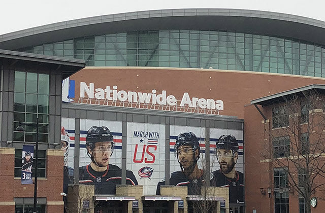 Panoramic view of the exterior of Nationwide Arena in Columbus, Ohio
