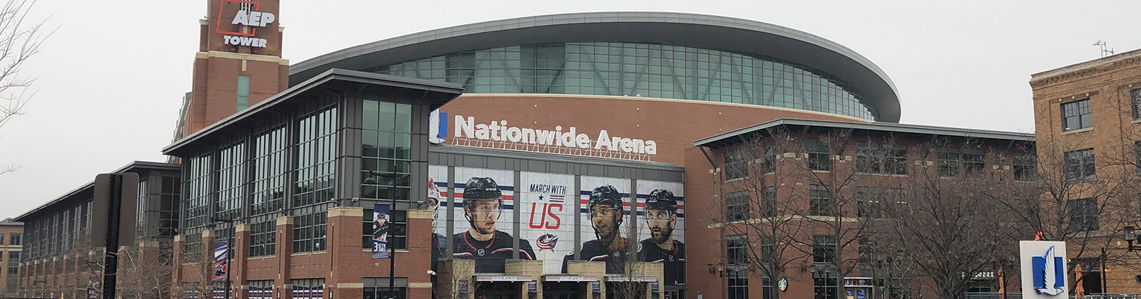 Panoramic view of the exterior of Nationwide Arena in Columbus, Ohio