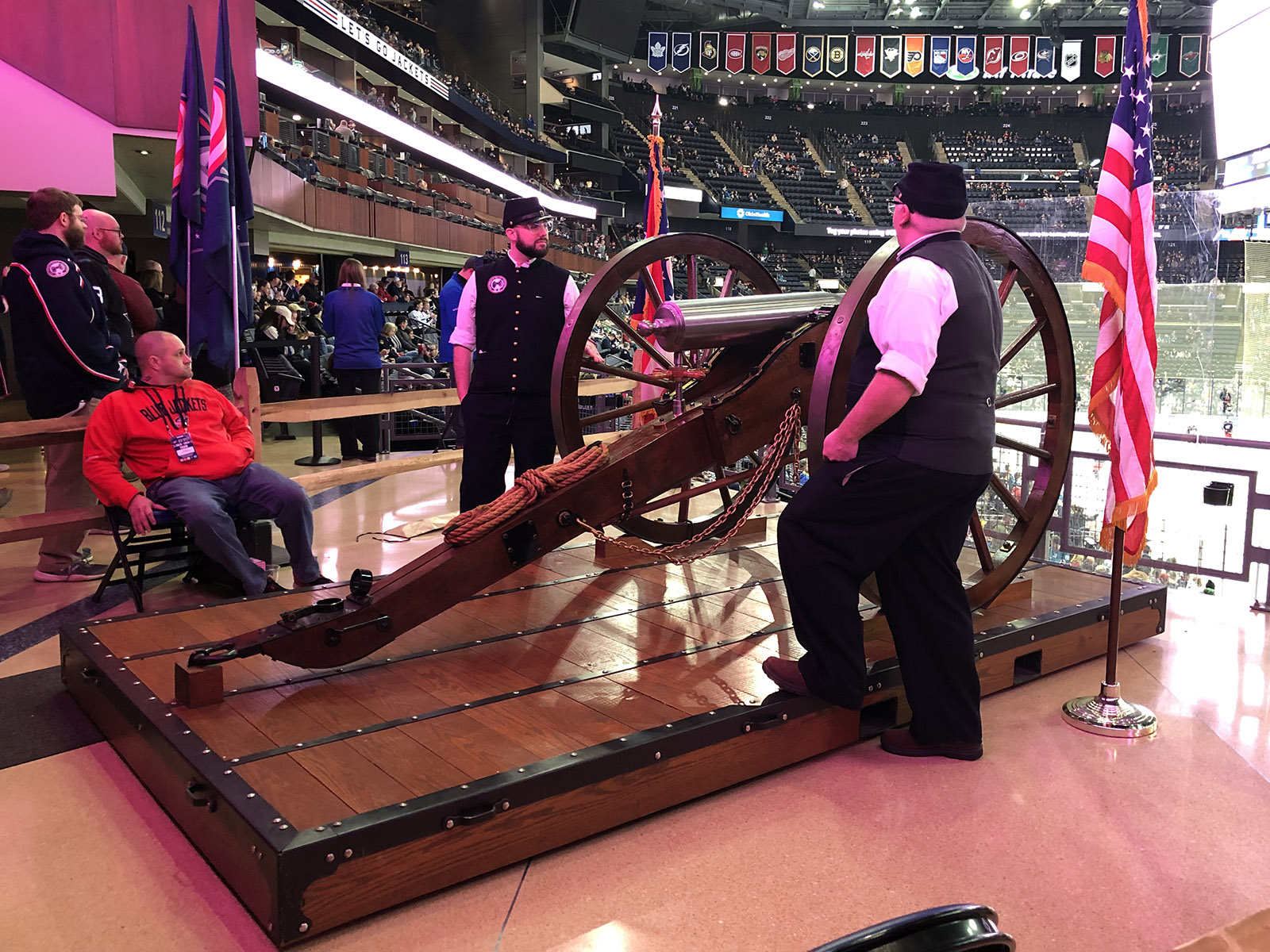 A cannon stationed on the main concourse at Nationwide Arena in Columbus, Ohio, is fired during Blue Jackets hockey games
