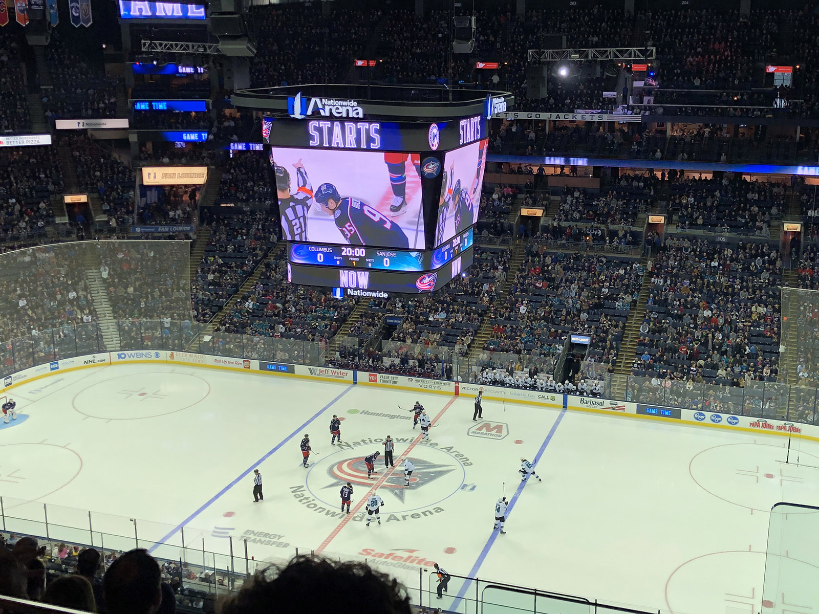 Players prepare to begin a Blue Jackets hockey game at Nationwide Arena in Columbus, Ohio