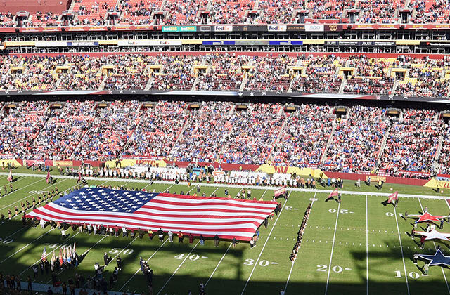 Panoramic view of the field at Northwest Stadium in Landover, Maryland, before a Washington Commanders football game