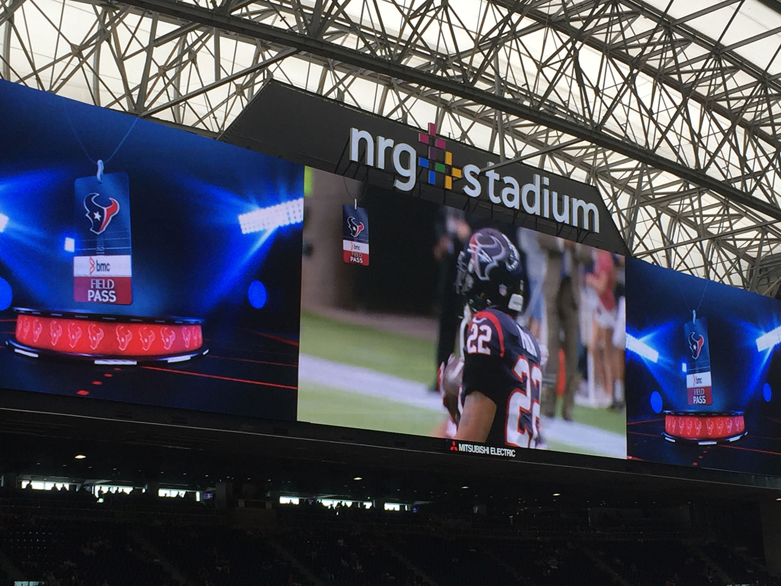A Houston Texans player is shown warming up on the videoboard at NRG Stadium