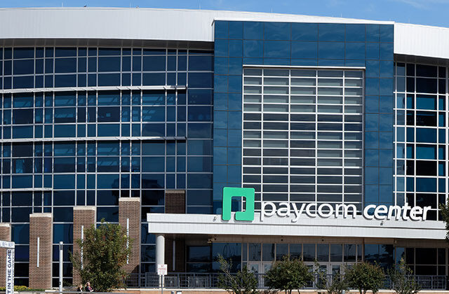 Panoramic view of the exterior of Paycom Center, an arena in Oklahoma City, Oklahoma