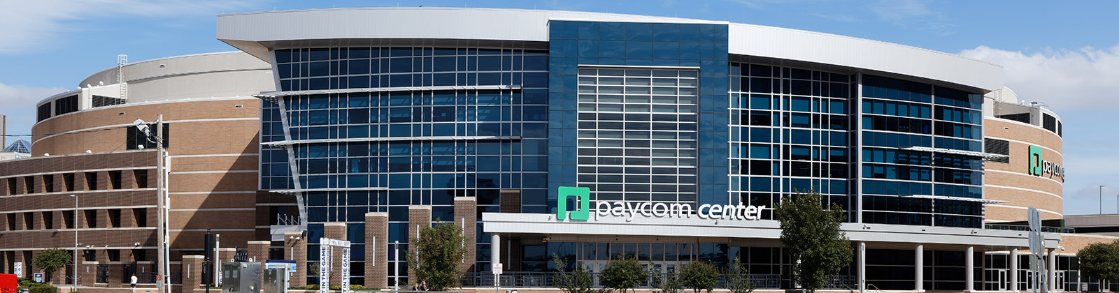Panoramic view of the exterior of Paycom Center, an arena in Oklahoma City, Oklahoma