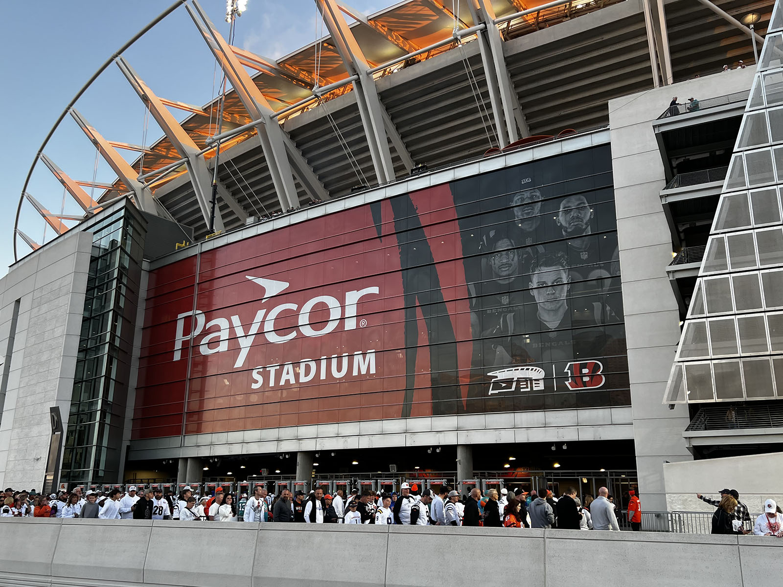 Exterior signage in front of Paycor Stadium, a football venue in Cincinnati, Ohio