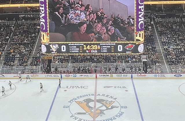 Panoramic view of the rink at PPG Paints Arena in Pittsburgh, Pennsylvania, during a Penguins hockey game