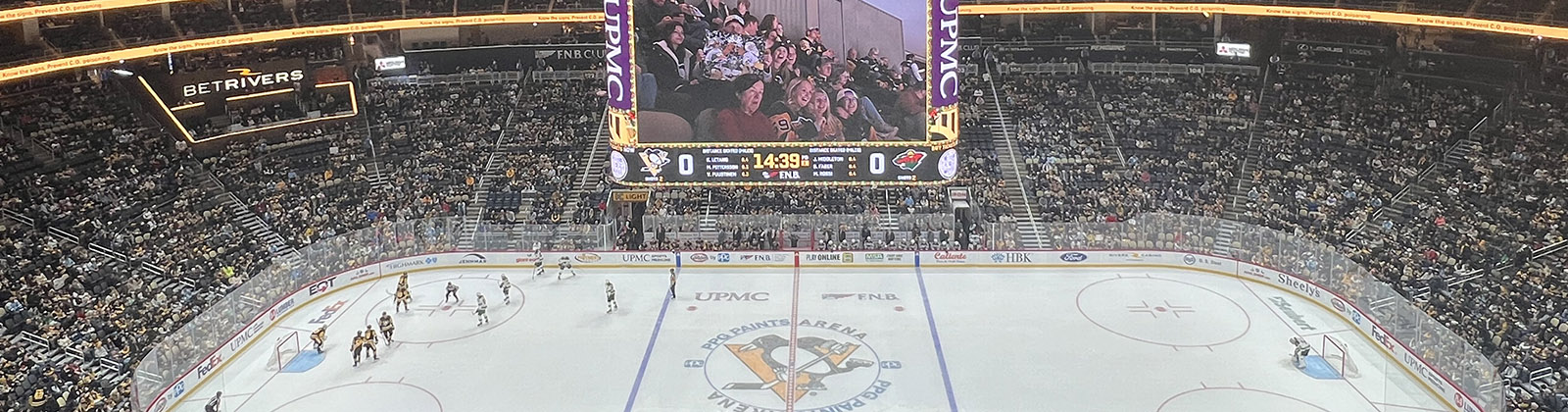 Panoramic view of the rink at PPG Paints Arena in Pittsburgh, Pennsylvania, during a Penguins hockey game