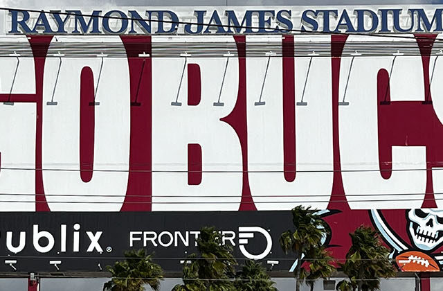 Exterior signage at Raymond James Stadium in Tampa, Florida